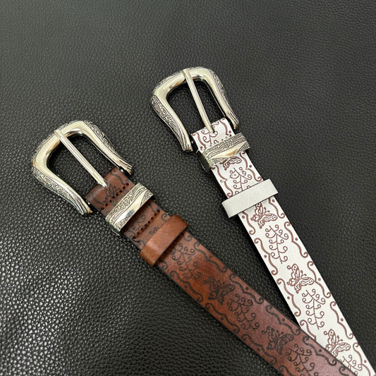 White western belt with brown butterfly embossing and engraved pin buckle