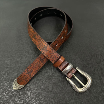 White western belt with brown butterfly embossing and engraved pin buckle