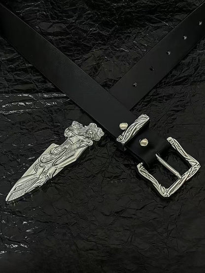 Black belt with carved western buckle and silver broken-sword tip