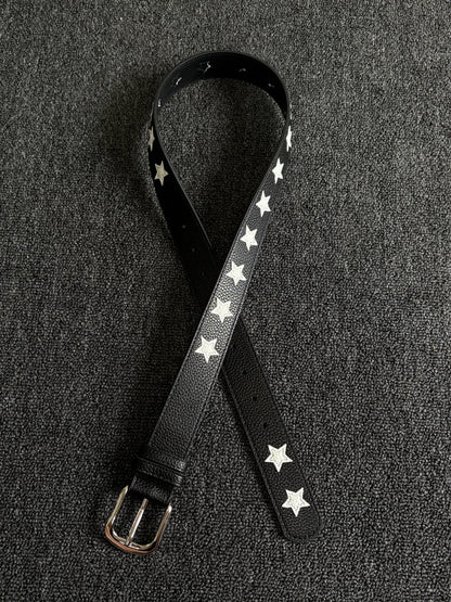 Black pebbled belt with white star inlays and a silver pin buckle