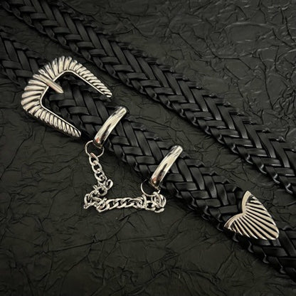 Black braided western belt with scalloped silver buckle and hanging chain
