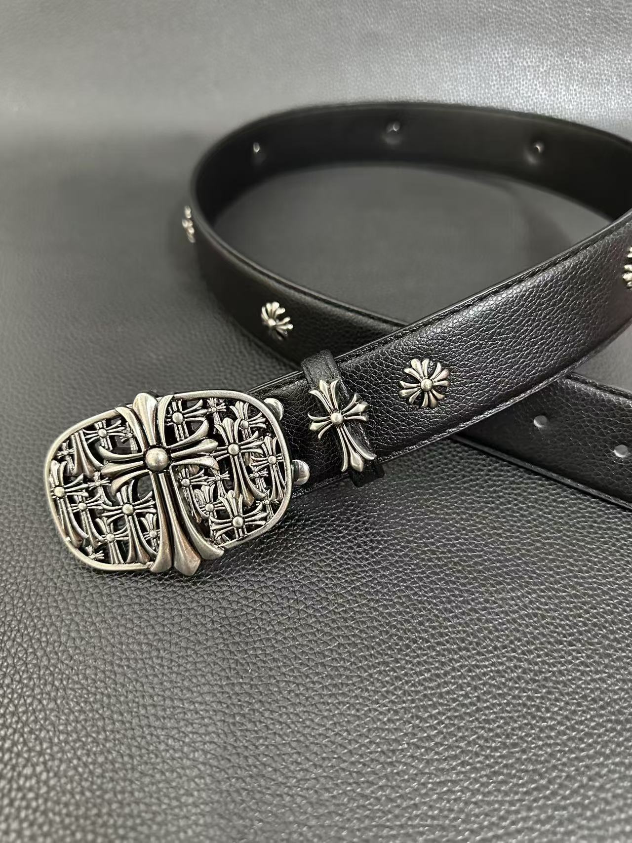 Black gothic belt with floral-cross buckle and small cross studs