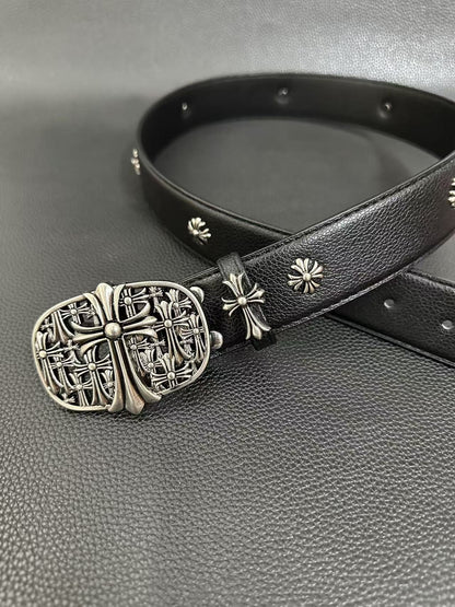 Black gothic belt with floral-cross buckle and small cross studs