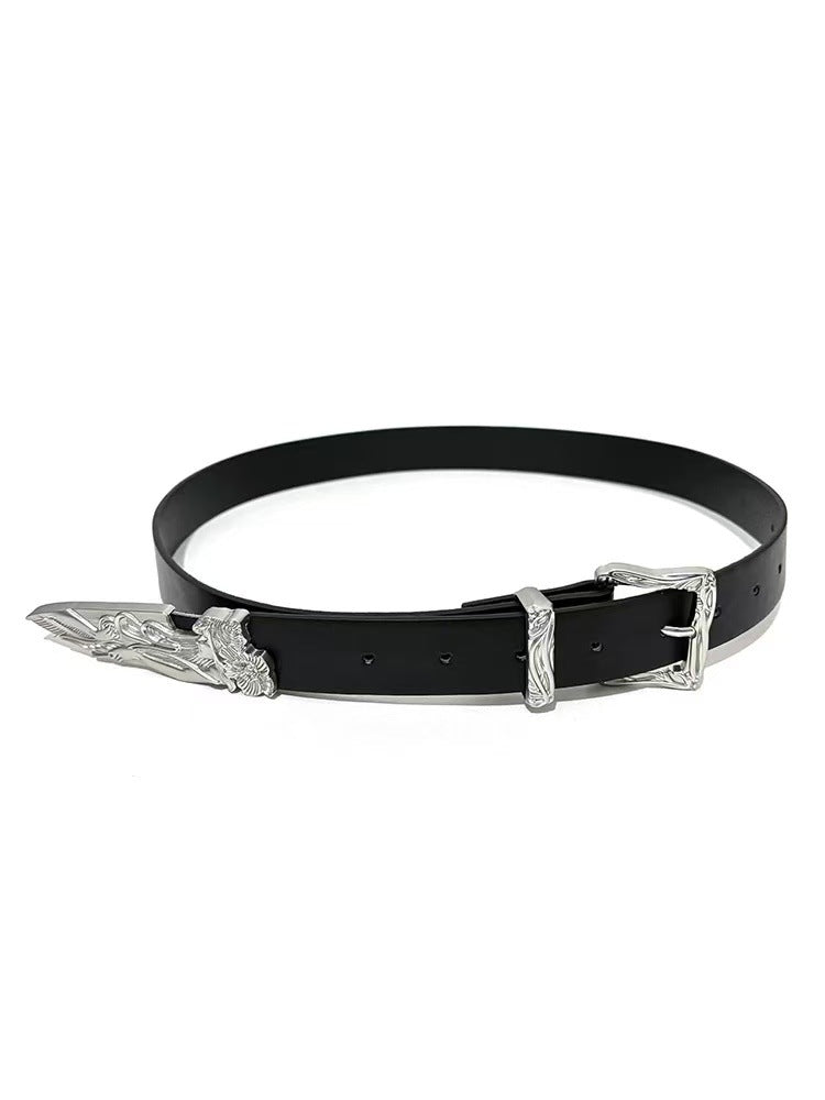 Black belt with carved western buckle and silver broken-sword tip