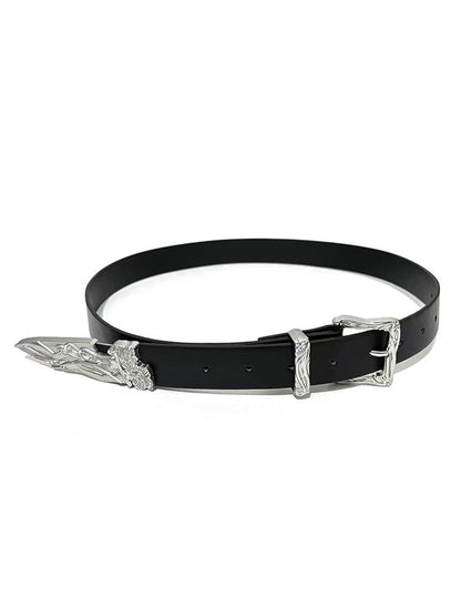 Black belt with carved western buckle and silver broken-sword tip