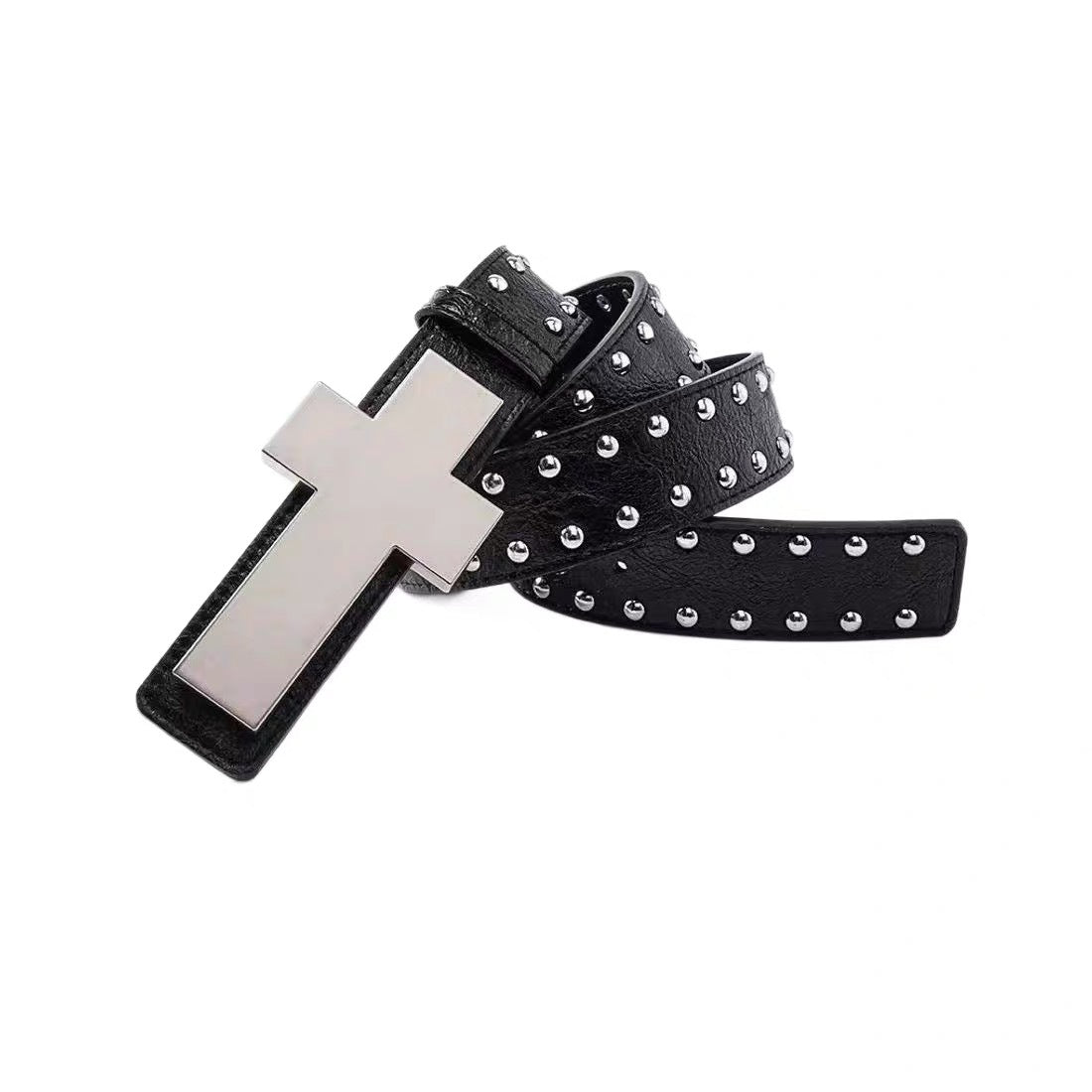Black crackle belt with double-row dome studs and a large silver cross plaque