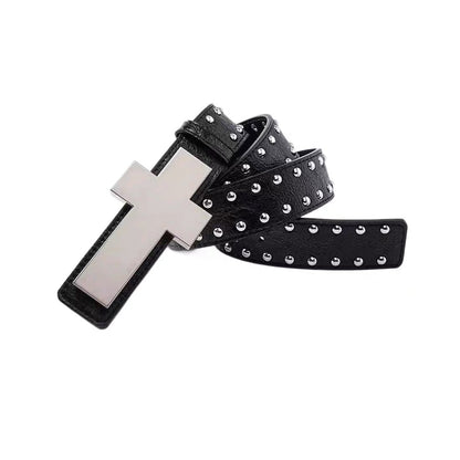 Black crackle belt with double-row dome studs and a large silver cross plaque