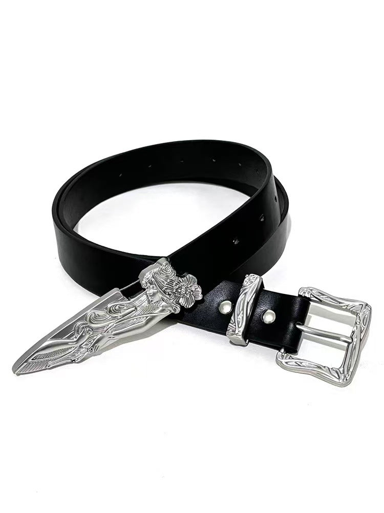 Black belt with carved western buckle and silver broken-sword tip