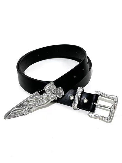 Black belt with carved western buckle and silver broken-sword tip
