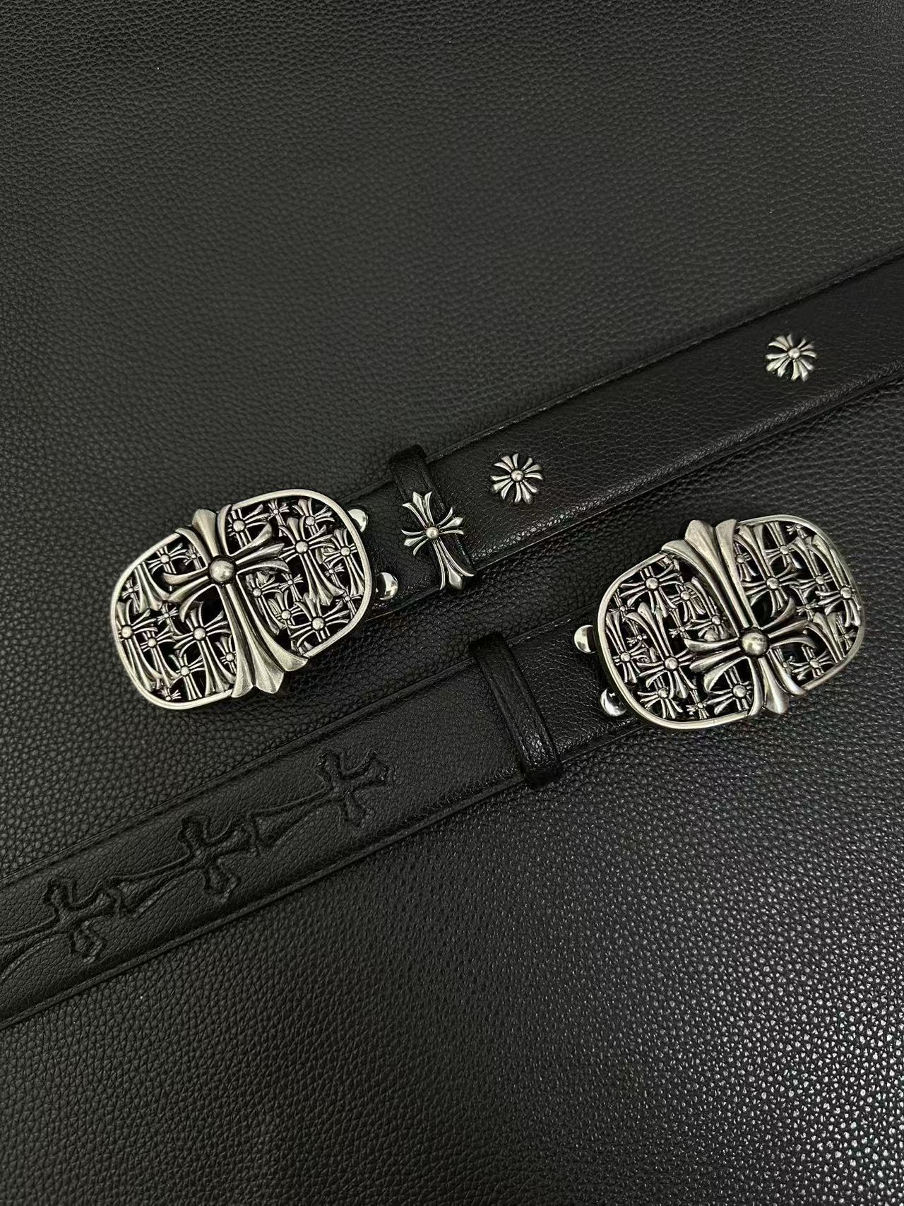 Black gothic belt with floral-cross buckle and small cross studs