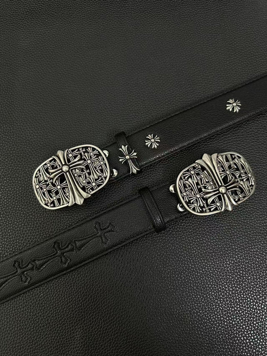Black gothic belt with floral-cross buckle and small cross studs