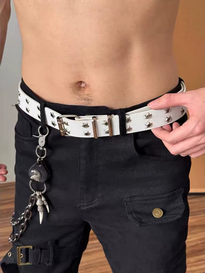 White Y2K belt with star-shaped grommets worn on black pants