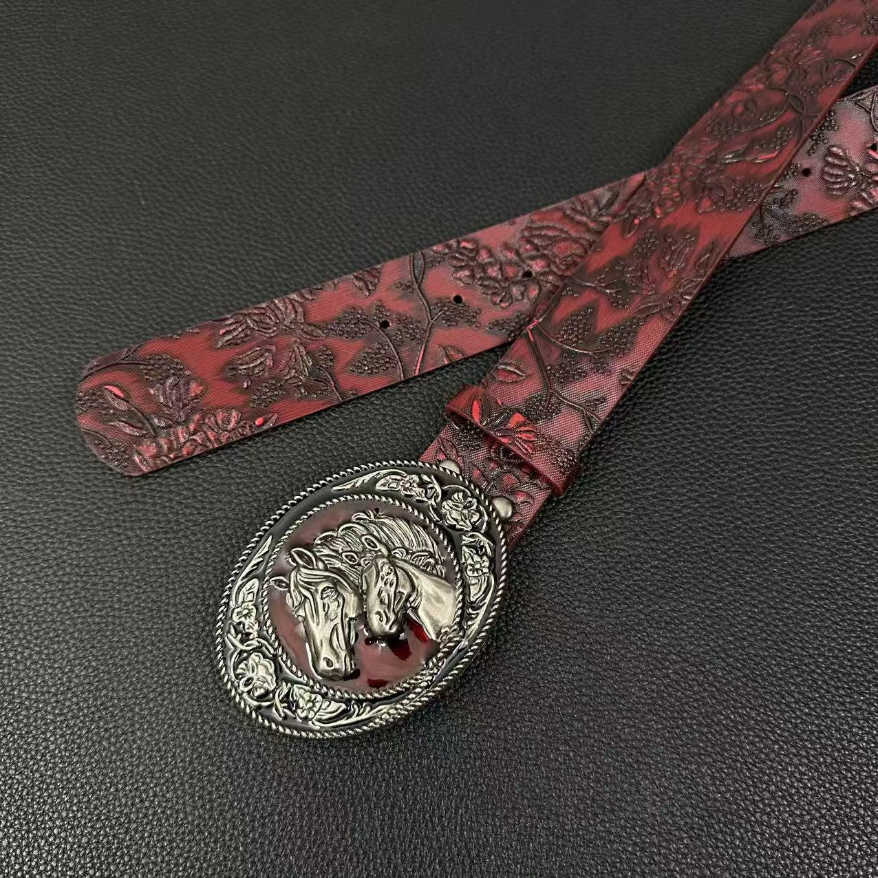 Burgundy rose-embossed western belt with double-horse oval buckle