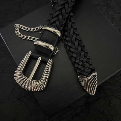Black braided western belt with scalloped silver buckle and hanging chain