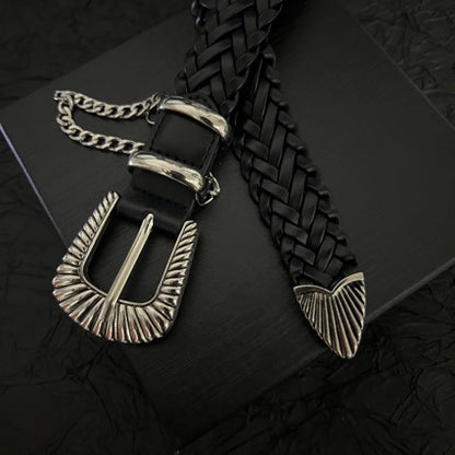 Black braided western belt with scalloped silver buckle and hanging chain