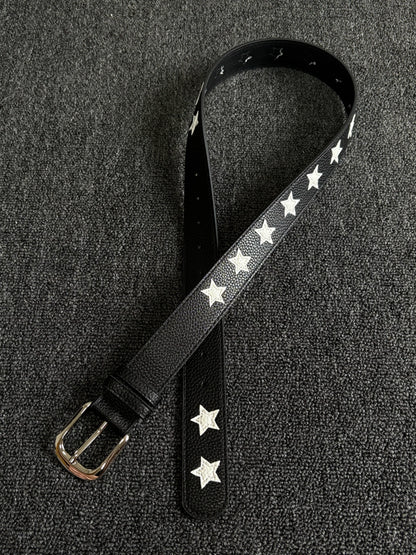 Black pebbled belt with white star inlays and a silver pin buckle
