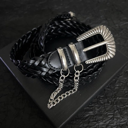 Black braided western belt with scalloped silver buckle and hanging chain