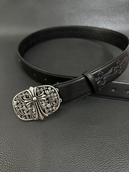 Black gothic belt with floral-cross buckle and small cross studs