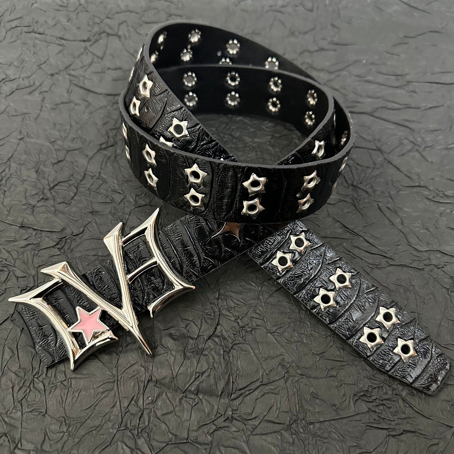 Black croc-texture punk belt with hollow star rivets and gothic buckle