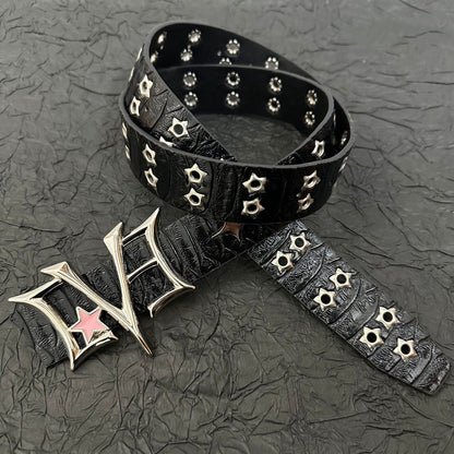 Black croc-texture punk belt with hollow star rivets and gothic buckle