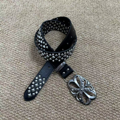 White pyramid-stud punk belt with rhinestones and antique floral buckle