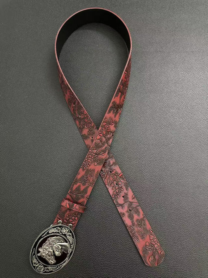 Burgundy rose-embossed western belt with double-horse oval buckle