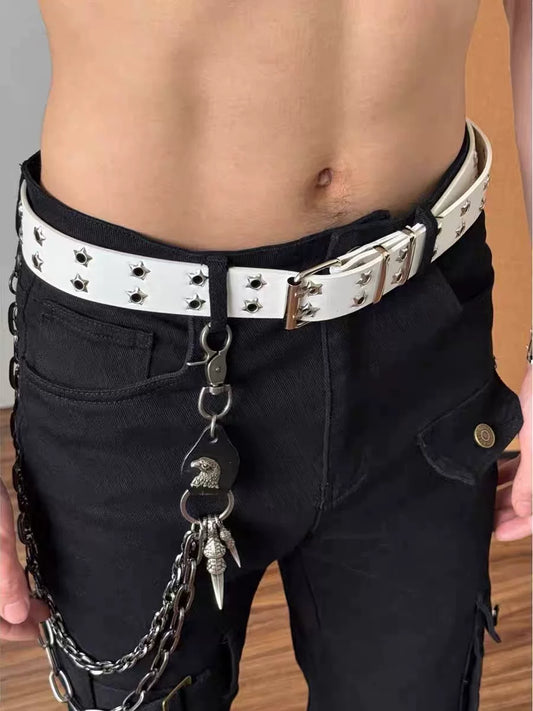 White Y2K belt with star-shaped grommets worn on black pants