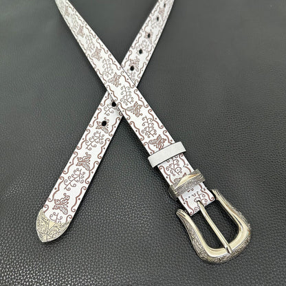 White western belt with brown butterfly embossing and engraved pin buckle