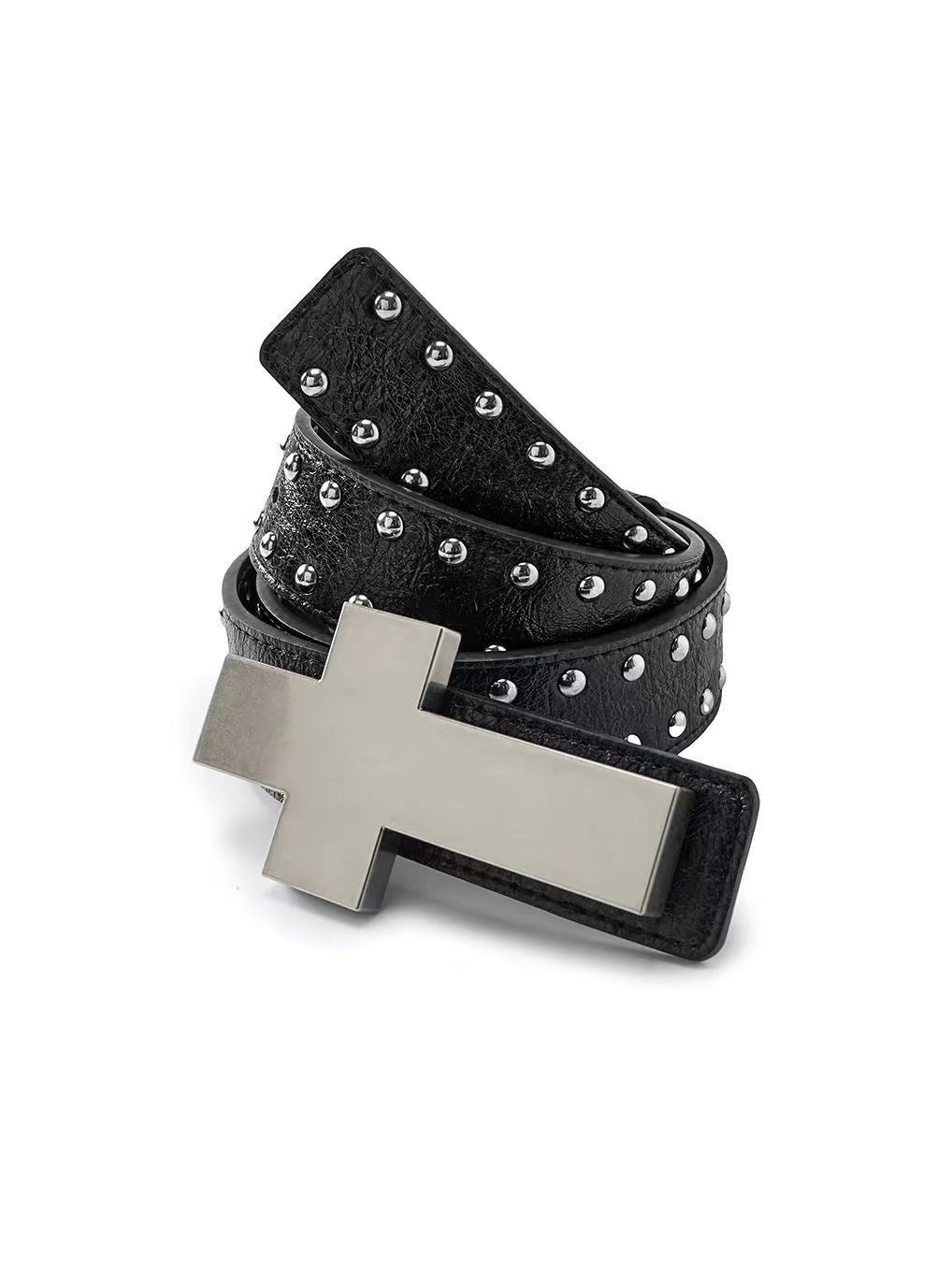 Black crackle belt with double-row dome studs and a large silver cross plaque