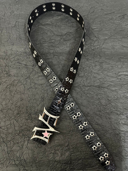 Black croc-texture punk belt with hollow star rivets and gothic buckle