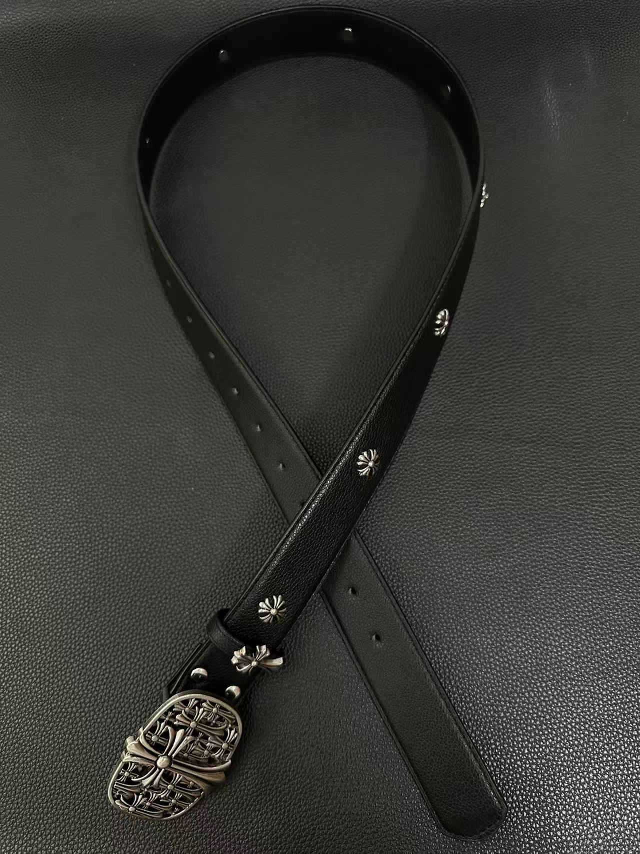 Black gothic belt with floral-cross buckle and small cross studs