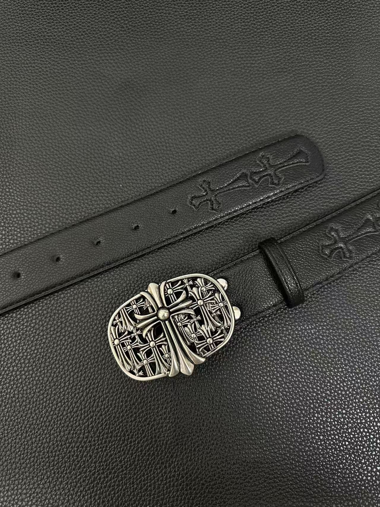 Black gothic belt with floral-cross buckle and small cross studs