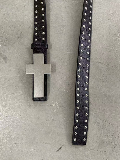 Black crackle belt with double-row dome studs and a large silver cross plaque