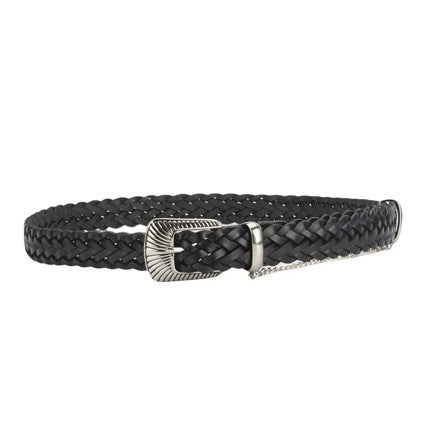 Black braided western belt with scalloped silver buckle and hanging chain
