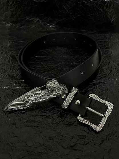 Black belt with carved western buckle and silver broken-sword tip