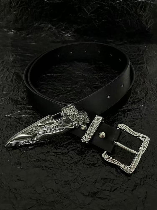 Black belt with carved western buckle and silver broken-sword tip