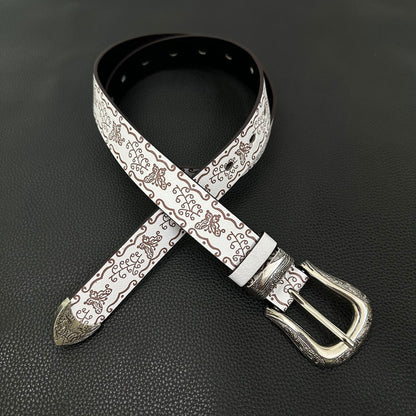 White western belt with brown butterfly embossing and engraved pin buckle