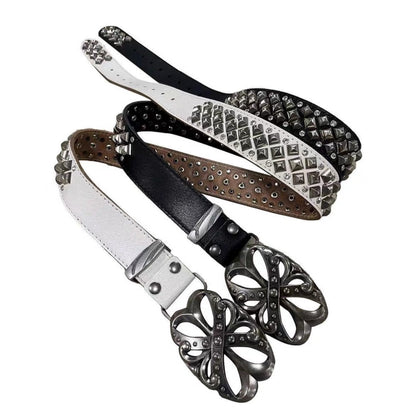 White pyramid-stud punk belt with rhinestones and antique floral buckle