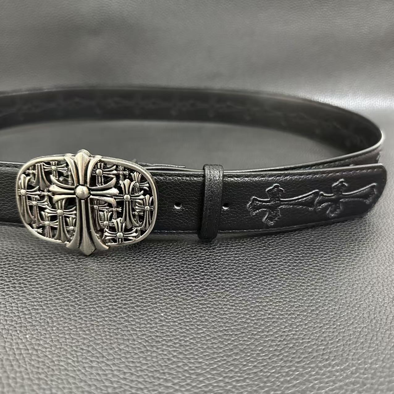 Black gothic belt with floral-cross buckle and small cross studs