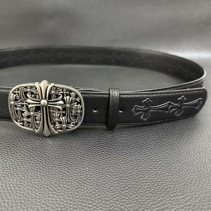 Black gothic belt with floral-cross buckle and small cross studs