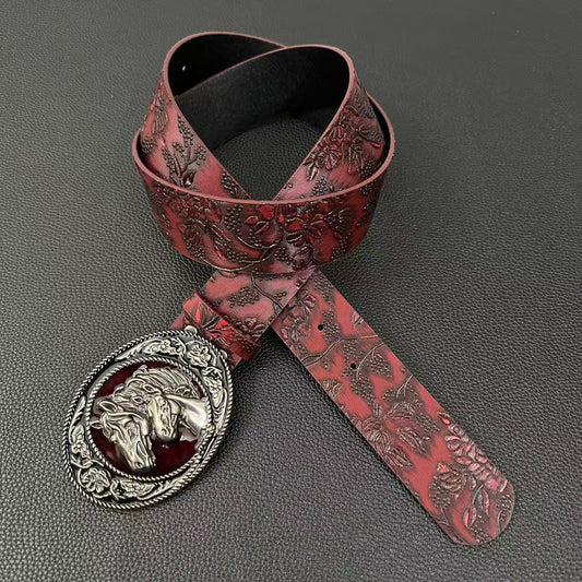 Burgundy rose-embossed western belt with double-horse oval buckle