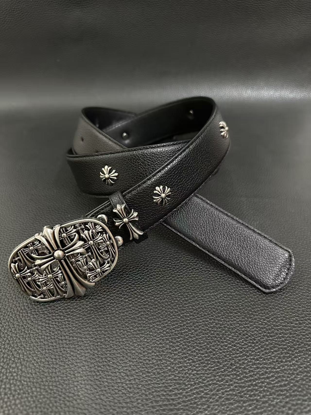 Black gothic belt with floral-cross buckle and small cross studs