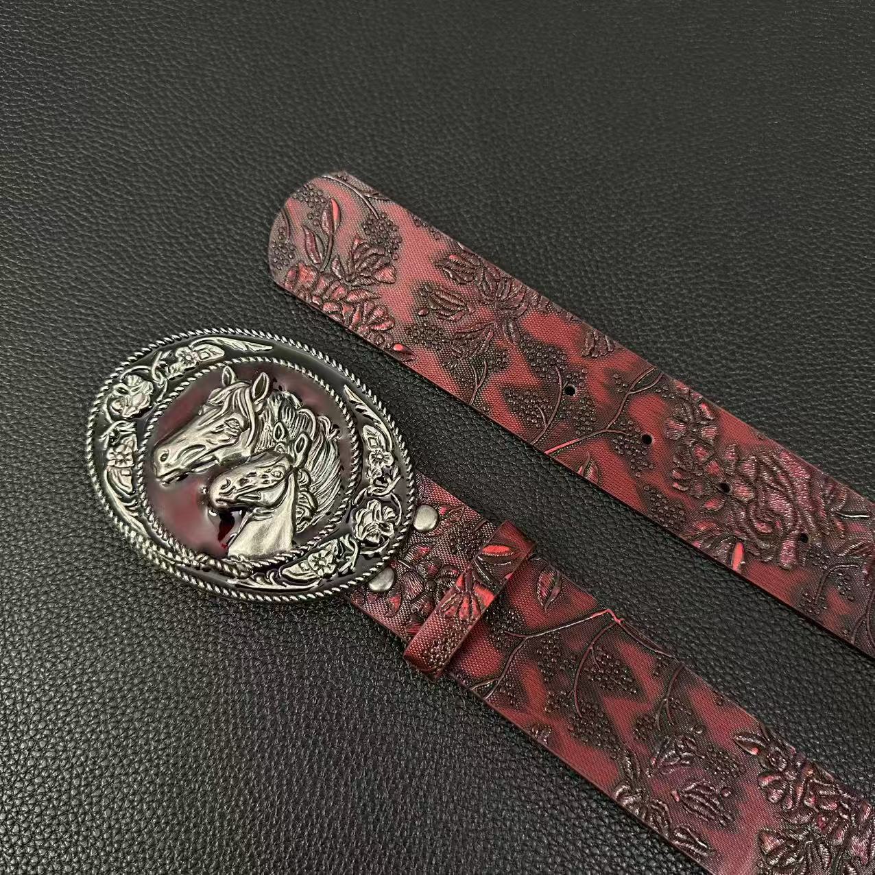 Burgundy rose-embossed western belt with double-horse oval buckle