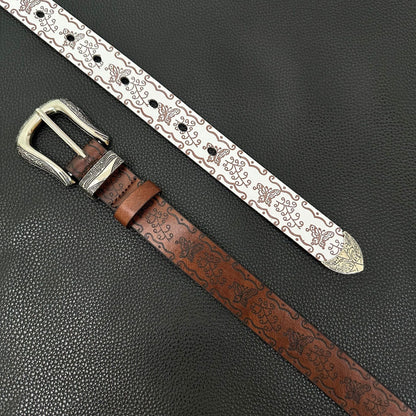 White western belt with brown butterfly embossing and engraved pin buckle