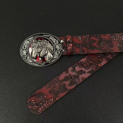 Burgundy rose-embossed western belt with double-horse oval buckle