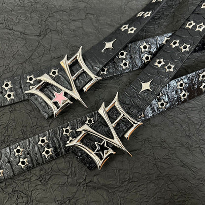 Black croc-texture punk belt with hollow star rivets and gothic buckle