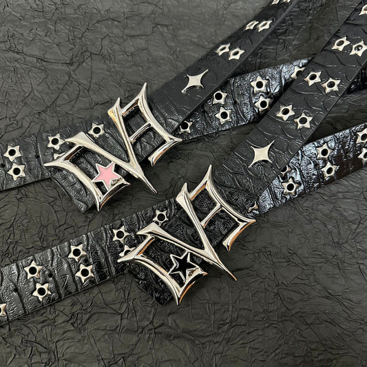 Black croc-texture punk belt with hollow star rivets and gothic buckle