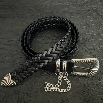 Black braided western belt with scalloped silver buckle and hanging chain