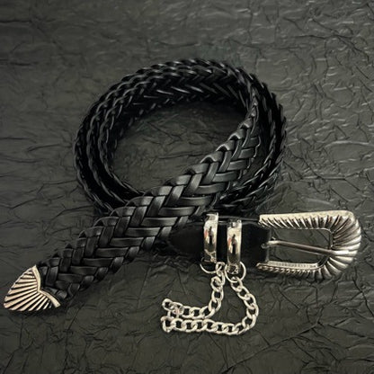 Black braided western belt with scalloped silver buckle and hanging chain