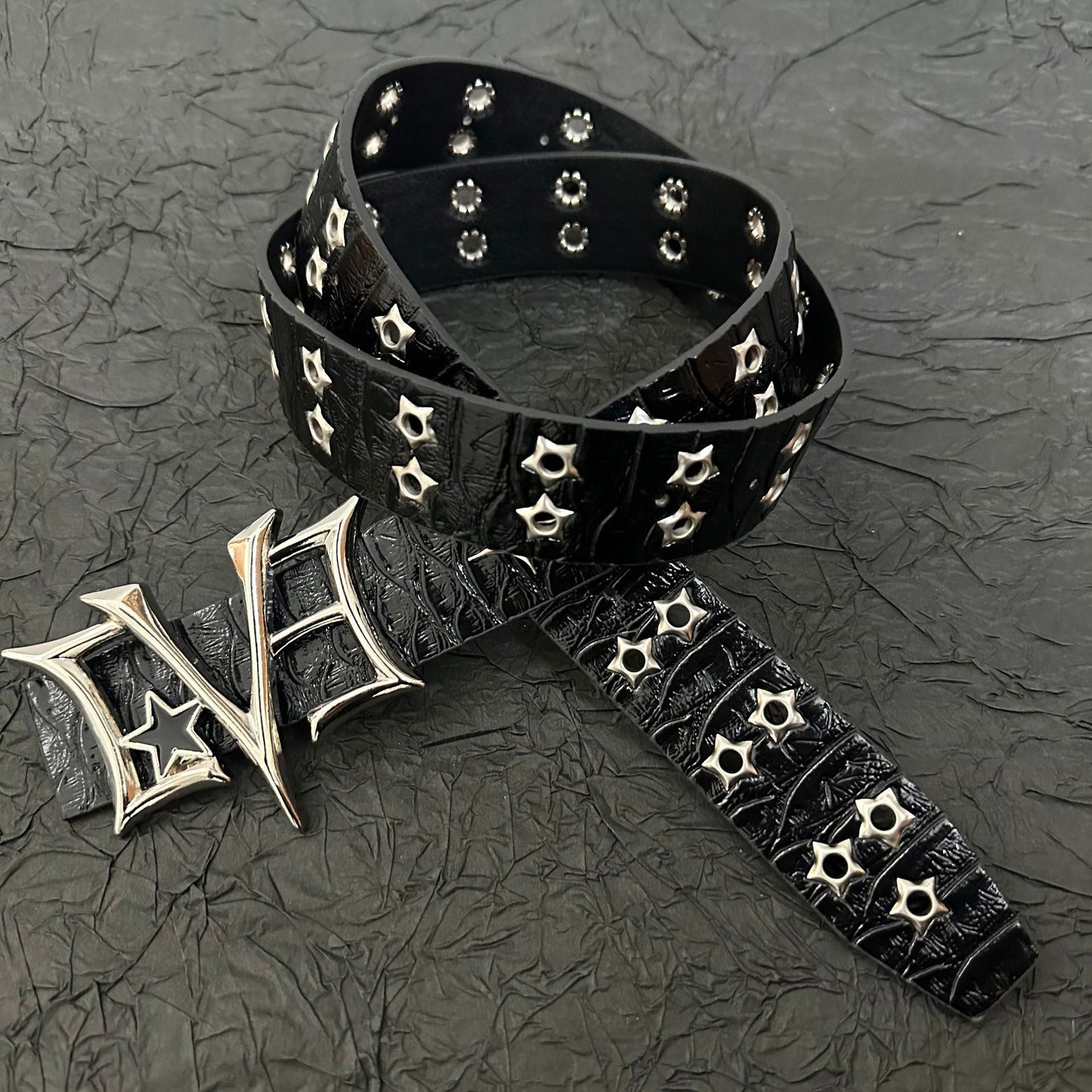 Black croc-texture punk belt with hollow star rivets and gothic buckle